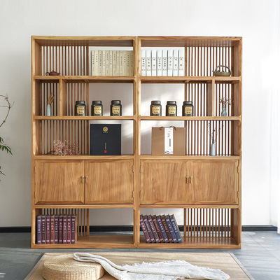老榆木书架实木新中式简约落地书柜客厅展示架办公室靠墙置物架