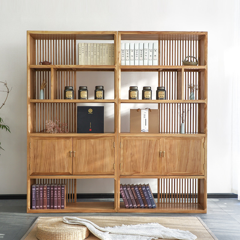 老榆木书架实木新中式简约落地书柜客厅展示架办公室靠墙置物架