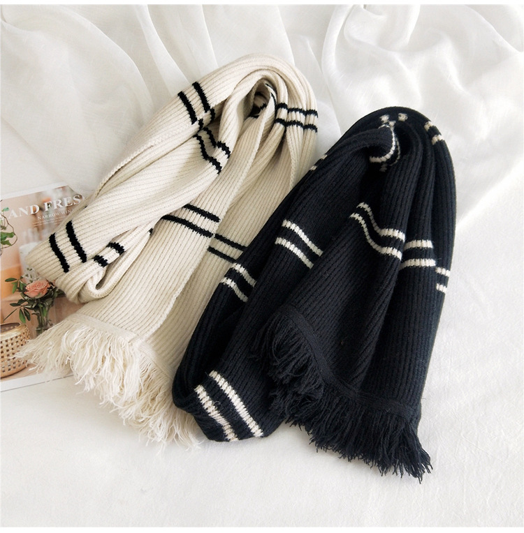 Striped Fringed Knitted Wool Scarf display picture 15