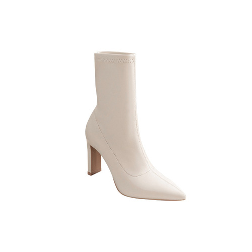 Soft Leather Mid-Calf Square Heel Short Boots Women's Autumn/Winter European and American Style Sexy High-Heel Short Boots Solid Color Pointed Toe Elegant Fashion Boots