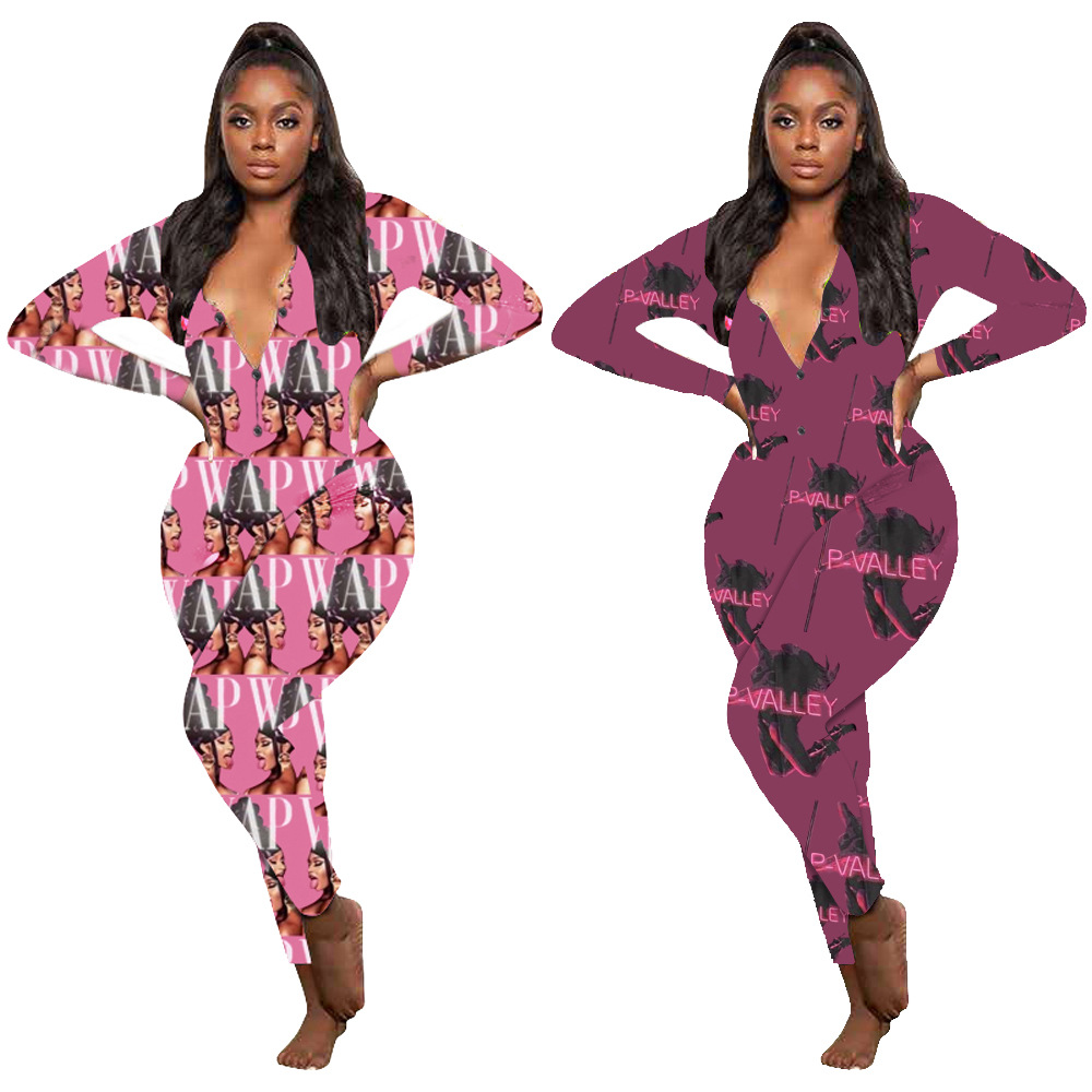 European And American Women'S Casual Pattern Printed Long Sleeve Pants Home Jumpsuit