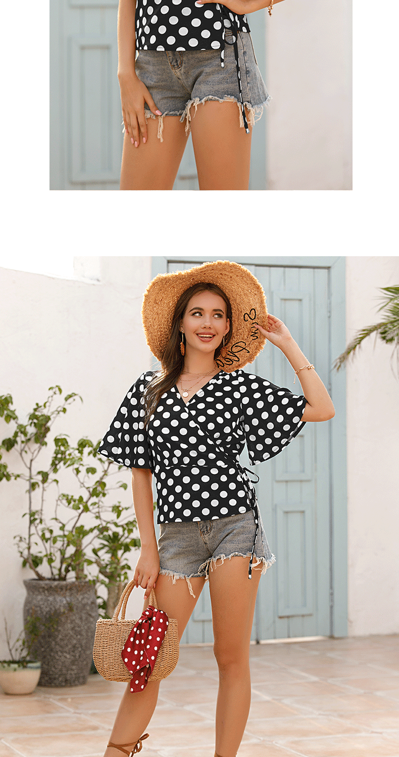 Polka Dot V-neck Flared Short-Sleeved Chiffon Shirt - Blouses & Shirts - Uniqistic.com