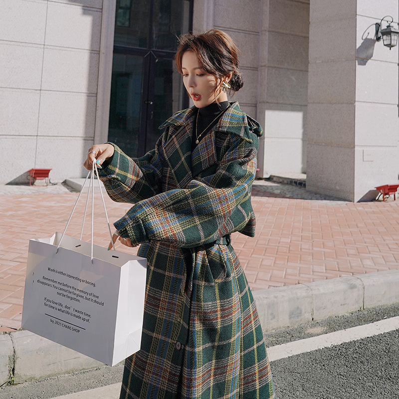 Green Plaid Loose Mid-length Woolen Coat