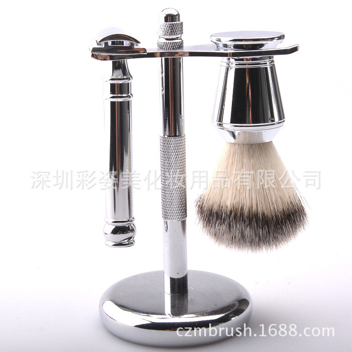 Men's beauty tool beard brush manual razor set Holder beard brush set silver chrome color