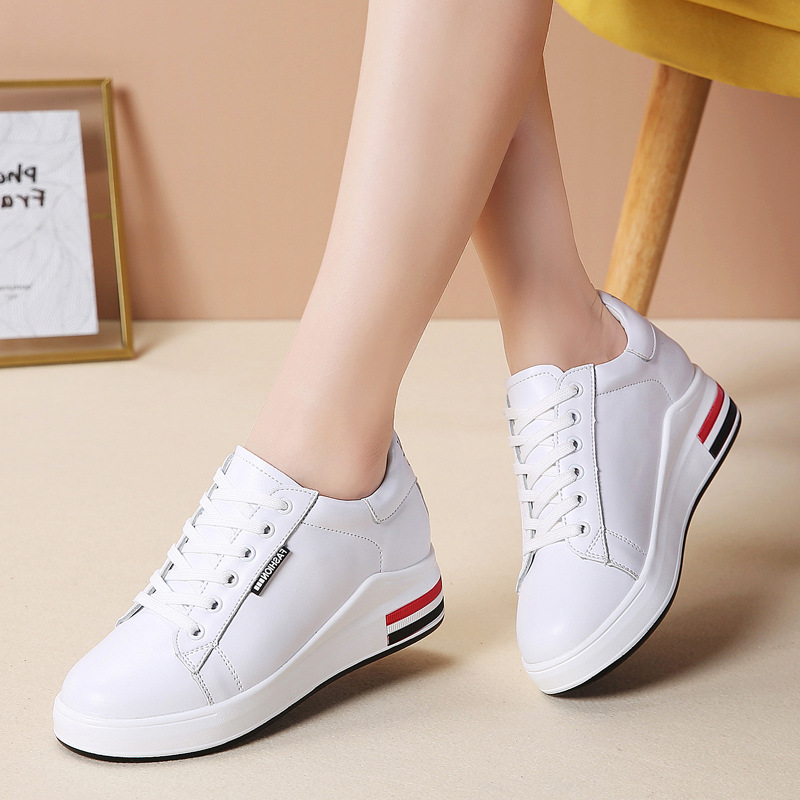 Inside heightening women's shoes leather small white shoes female students Korean muffin lace up casual single shoes ins dad shoes female Lady Shoes