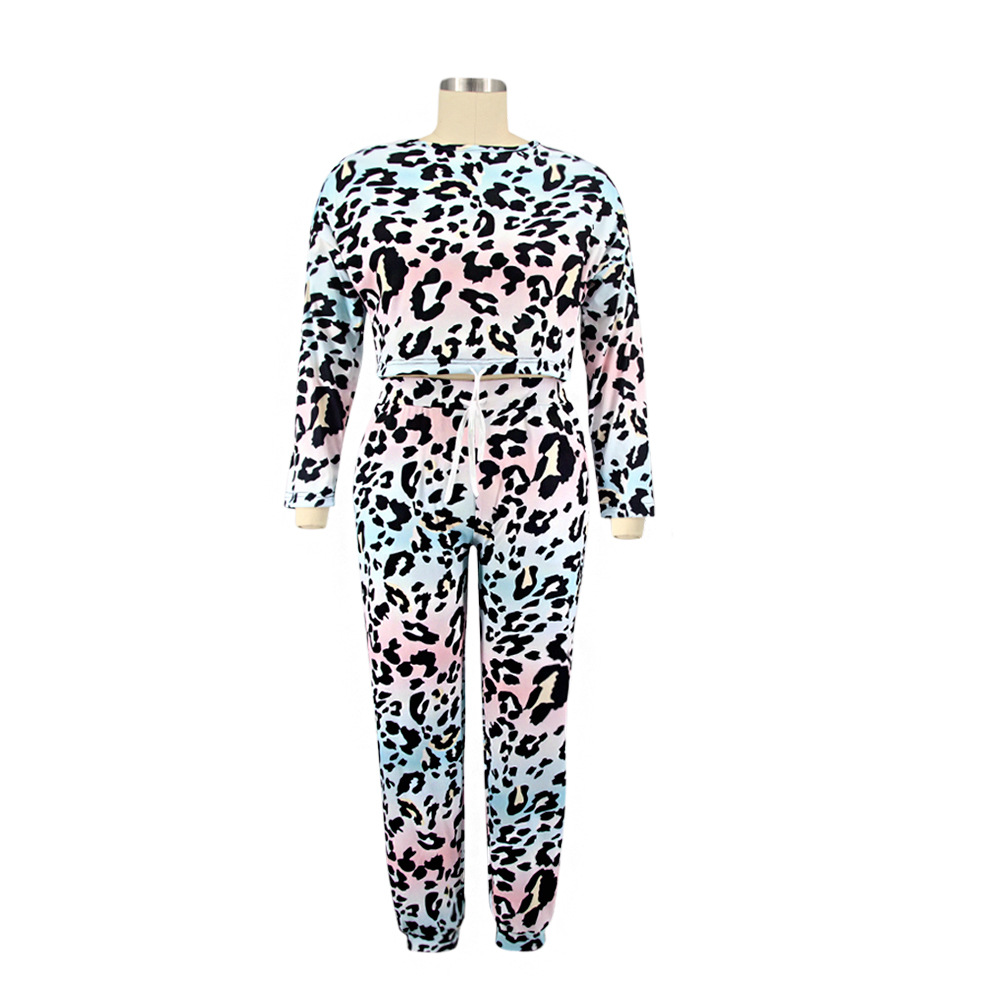 Plus Size Leopard Print Drawstring Top And Pants Set Loose Large Women's Leisure Sports Suit