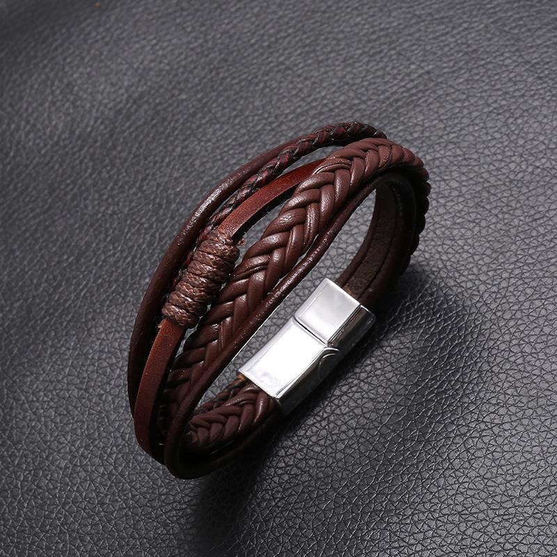 Retro hand-woven menu0027s leather simple multilayer alloy magnet buckle leather bracelet nihaojewel