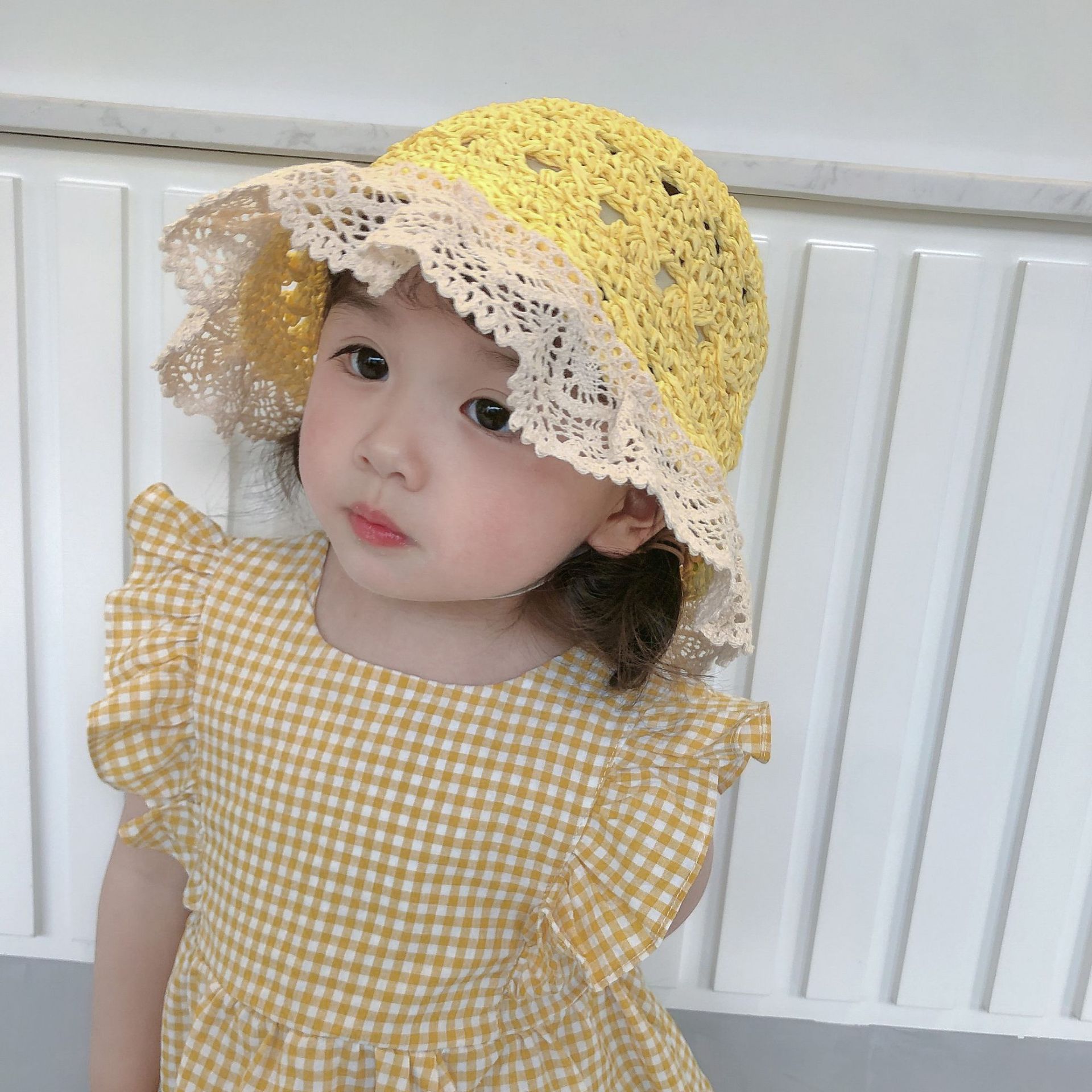 Lace Edge Dome Hand Hook Straw Hat Baby Windproof Belt Foldable Sun Hat Children Outdoor Straw Sun Hat Nihaojewelry Wholesale display picture 13