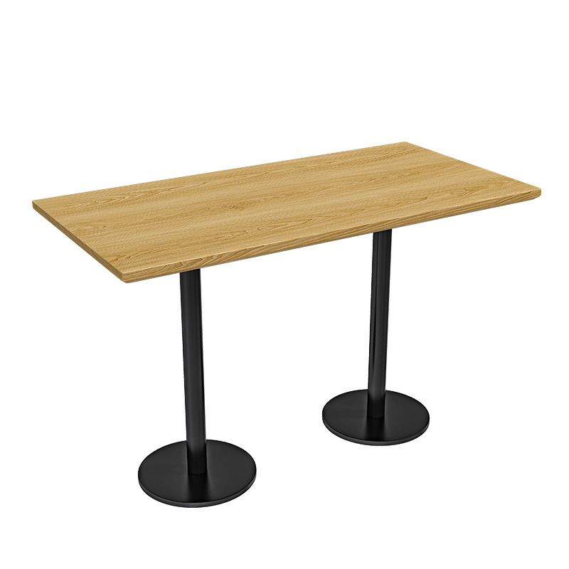 Mesa larga de madera maciza de múltiples capas + pies de placa de acero