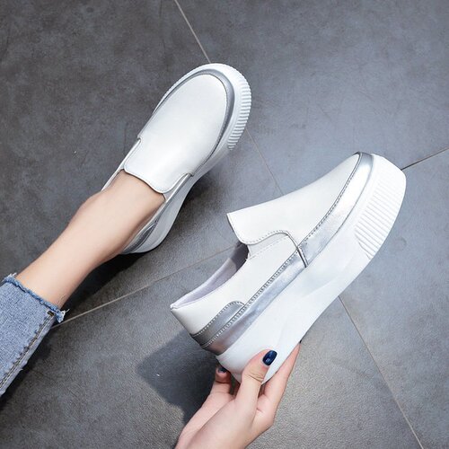 Summer  Popular Thick Sole White Leather Loafers with Invisible Heels 2020 Summer and Autumn Style Korean Version Slip-On Comfort Shoes