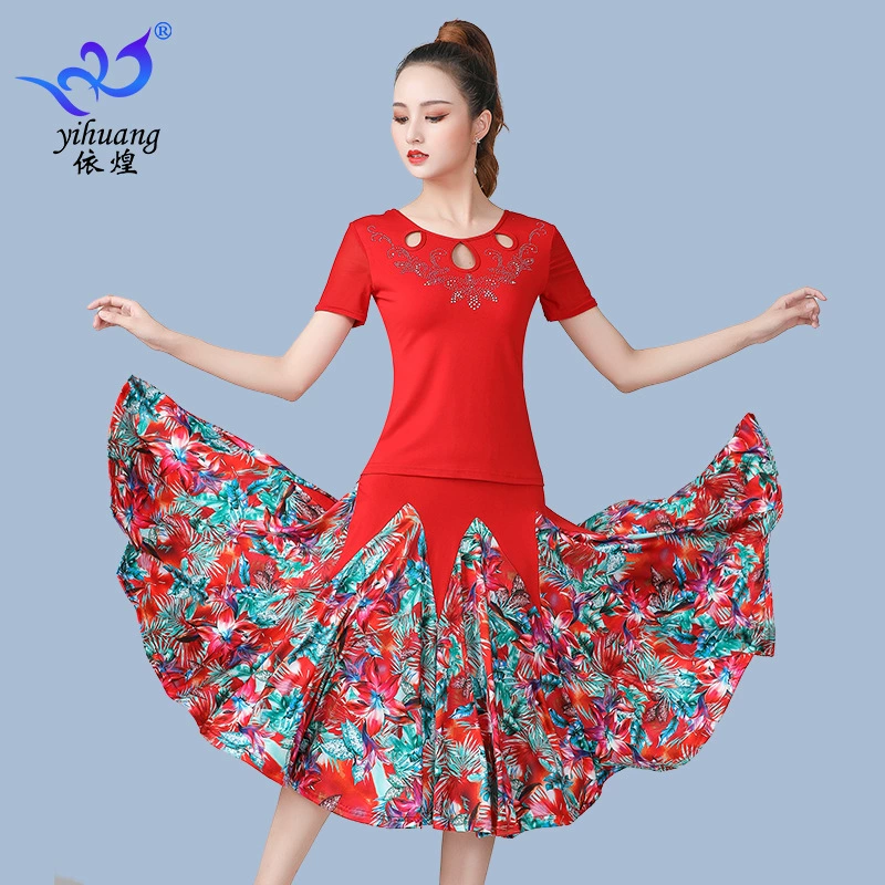 Одежда для бальных танцев с принтом, большая распашная юбка, танцевальная одежда с короткими рукавами, танцевальная одежда большого размера, одежда для занятий бальным танцем, одежда для выступлений