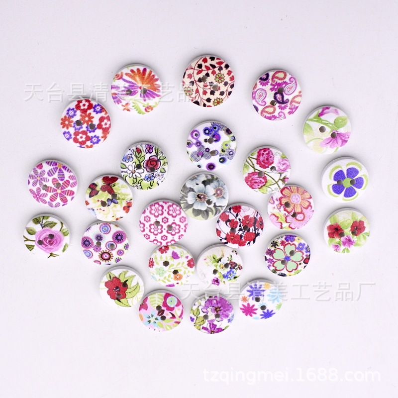 15mm fondo blanco pintado de madera botones decorativos de madera impreso flores y plantas, botones de rayas a cuadros 100 un paquete
