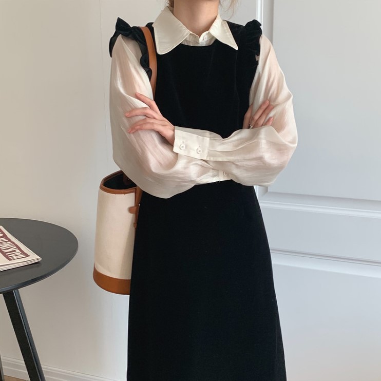 2020新秋女装名媛气质微透衬衫+木耳边丝绒连衣裙背心裙