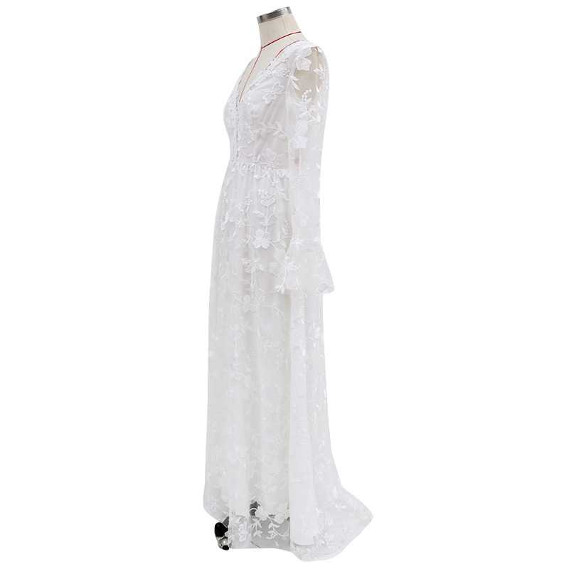 Robe De Fête Élégant Col En V Manche Longue Couleur Unie Fleur Maxi Longue Robe Mariage Fête Cocktail Party display picture 1