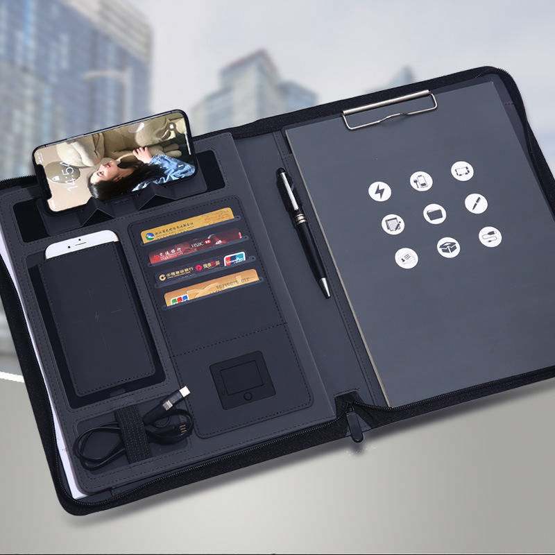 A4 Leather Zipper Wireless Power Bank Folder Business Office Leather Sales Information Mobile Power Manager Folder