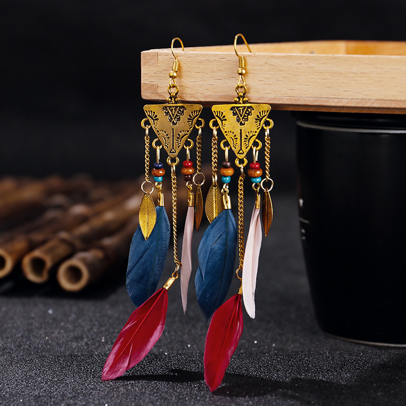 Inverted Triangle Exotic Long Feather Female Bohemian Leaf Tassel Metal Earrings display picture 1