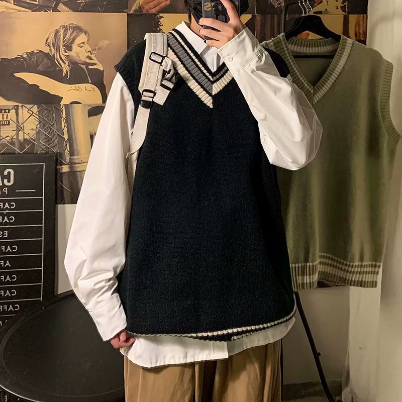 Sweater, brand trend demi-season vest, V-neckline, oversize, Korean style