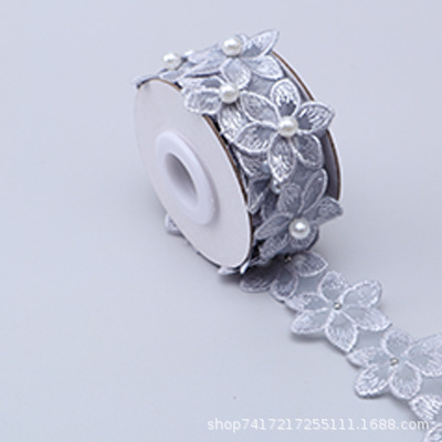 En stock 3,3 cm de una sola capa de flores bordadas de seis pétalos de flores orden perla encaje de organza de encaje ropa de falda de DIY