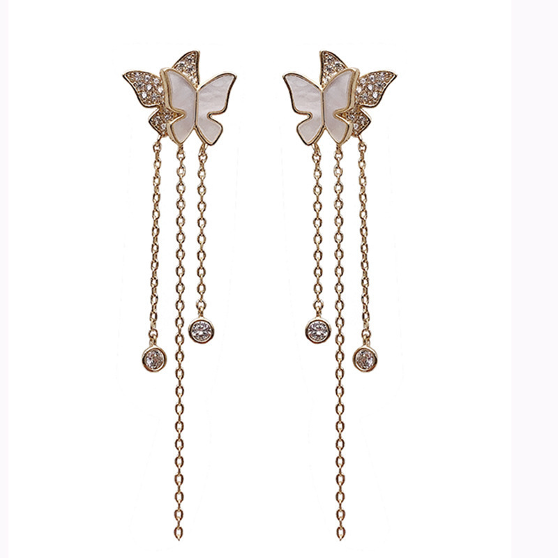 S925 Silver Needle Shell Strass Double Butterfly Tassel Longues Boucles D&#39;oreilles display picture 6