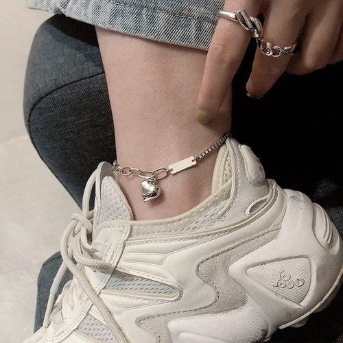 Retro Thai Silver Heart Ankle Chain Korean Version S925 Silver Women's Ankle Jewelry Simple and Minimalist Fashion Accessory Student Jewelry