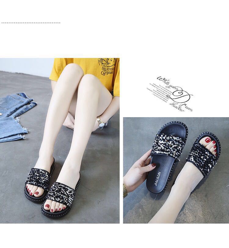 Pailletten-Mode-Hausschuhe für Damen, Sommer, koreanische Muffin-Schuhe mit dicken Sohlen, Oberbekleidung im neuen Stil, koreanischer flacher Boden, einzeilige Hausschuhe, Studenten_voghion.com