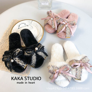 2021 Autumn and Winter New Ruffled Pearl Pendant Bow Plush Fleece Finger Slippers for Women