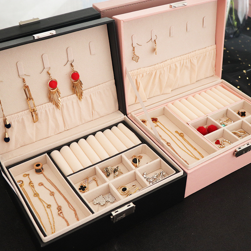 首饰收纳盒少女饰品戒指耳钉项链展示架带锁防尘桌面耳环整理盒子