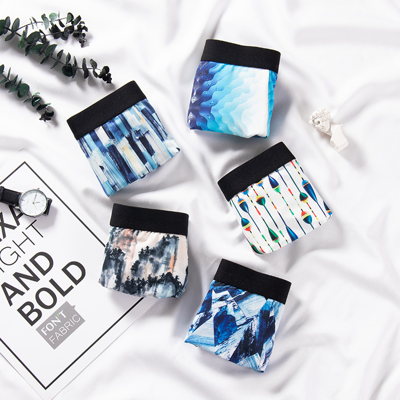 Nueva ropa interior de seda de hielo para hombres con bóxer sexy impresa de moda, bragas de seda de hielo de cuatro esquinas transpirables de cintura baja para hombres