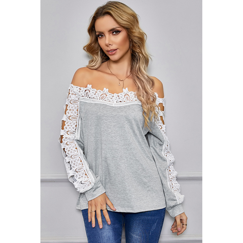 lace stitching one-word neck strapless T-shirt  NSSA25942