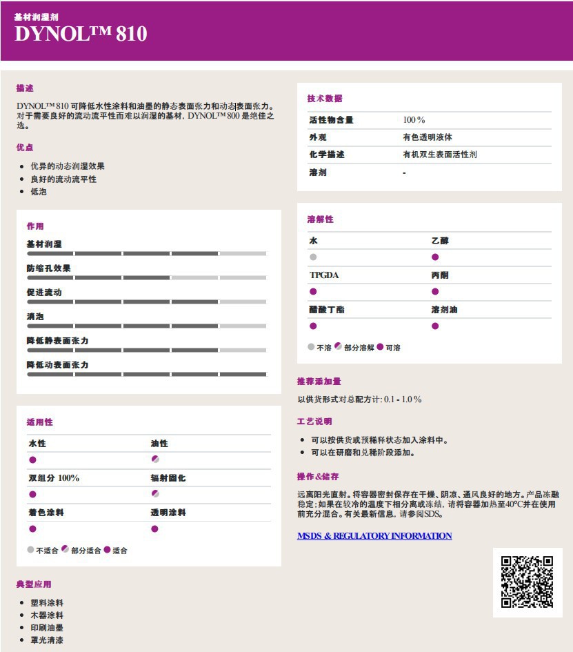 德国赢创Dynol 810基材润湿剂 低泡型流动流平剂 可降低表面张力