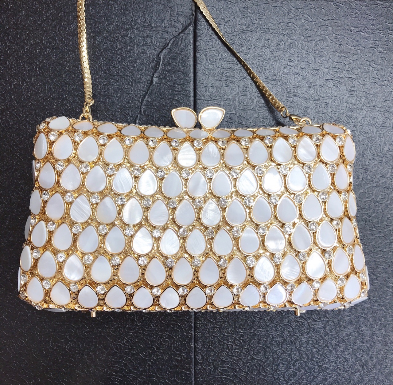 Túi clutch nữ đính đá pha lê hình giọt nước dự tiệc — Màu vàng chi tiết 2