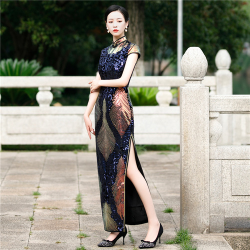 Chinese Dress Qipao for women Velvet Sequin short sleeve cheongsam long cheongsam skirt high slit dress