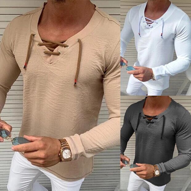 Men V-neck Criss Cross Lace Up Long Sleeve Shirt