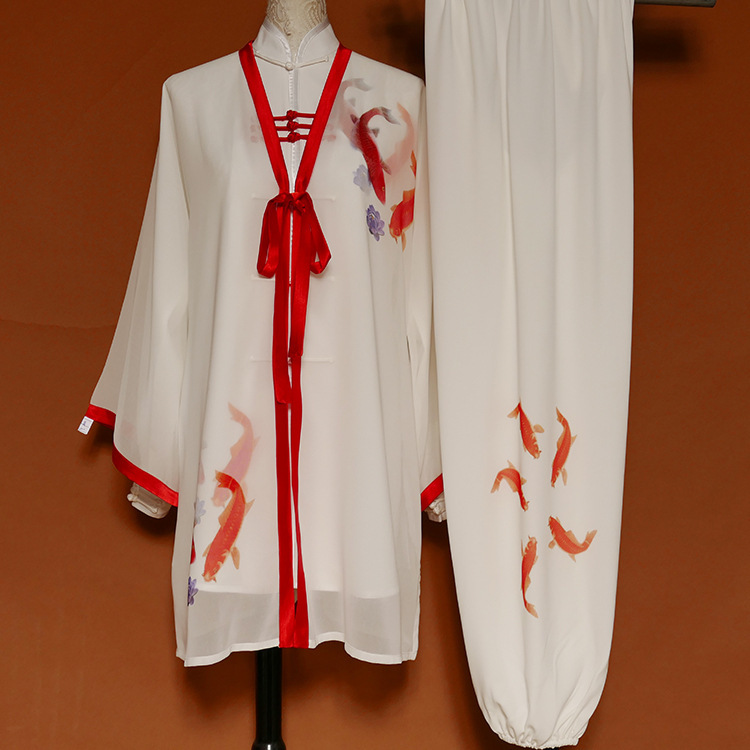 Tai chi clothing chinese kung fu uniforms High grade painted fish Taifu training Costume female Taiquan performance costume male and female Koi swimming leisurely