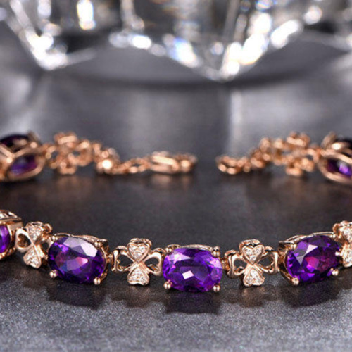 Square amethyst ring, four-leaf clover bracelet, drop-shaped purple diamond ear hook, European and American style colorful treasure necklace jewelry set