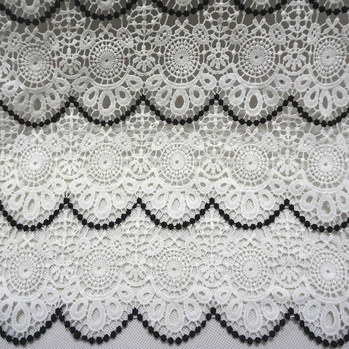 双色线织绣 水溶牛奶丝满幅 立体刺绣花边 蕾丝服装面料 黑白线