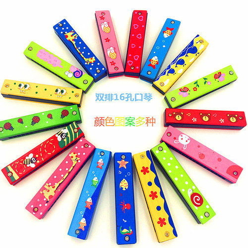Children's wooden small harmonica music toy kindergarten primary school students beginner wind instrument double row 16 hole mouth organ