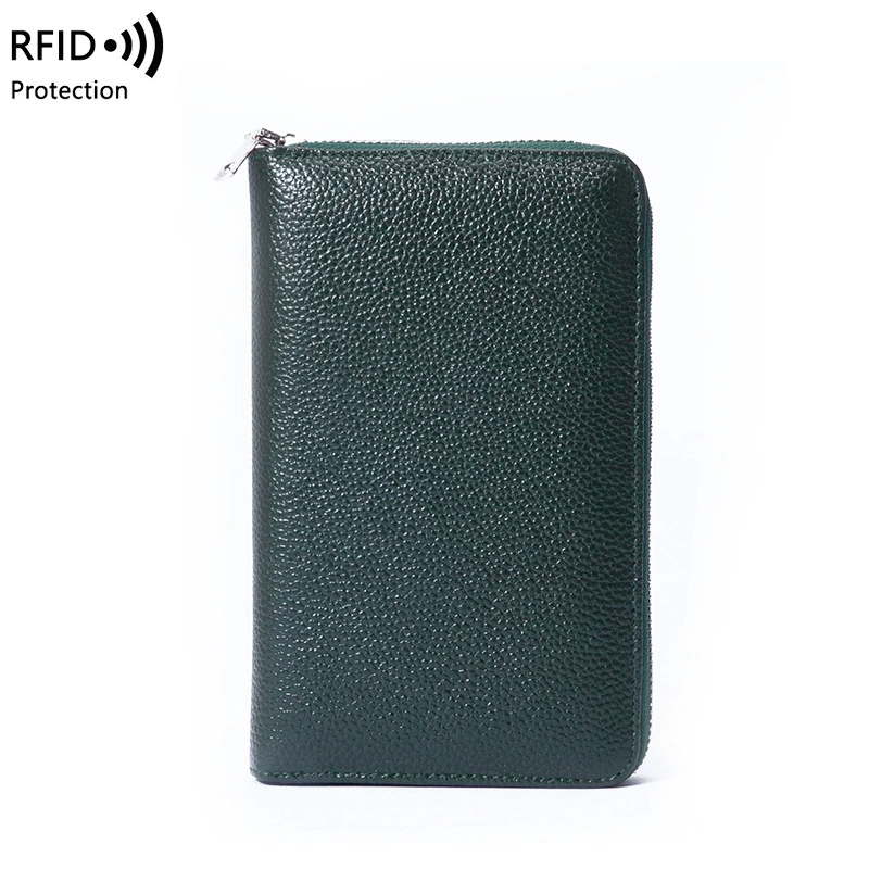 Кожаный паспортник, длинный кошелек из козьей кожи с защитой RFID, молния и цепь