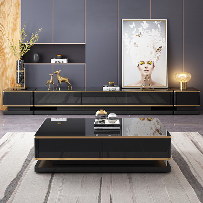 现代轻奢茶几电视柜组合小户型客厅家用轻奢钢化玻璃茶几岩板茶几