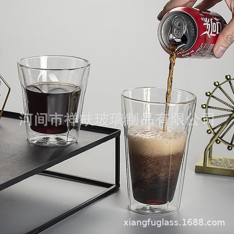 双层玻璃八角水杯透明咖啡杯家用啤酒杯果汁冷饮杯直身水杯牛奶杯|ru