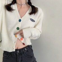 2022新款韓國chic甜美彩色紐扣V領長袖針織開衫女初秋短款小外套