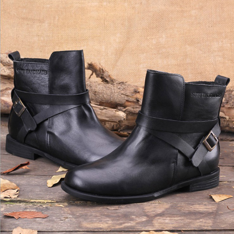 Martin Boots Women's Short Boots Handmade Genuine Leather Spring and Autumn Single Boots Round Toe Women's Boots Large Size Cowhide Thick Tube Fleece Cotton Boots