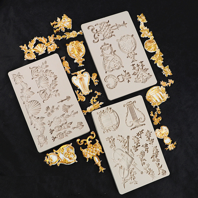 Corte de estilo europeo fondant pastel molde insignia patrón en relieve molde de silicona ritmo seco chocolate molde decorativo