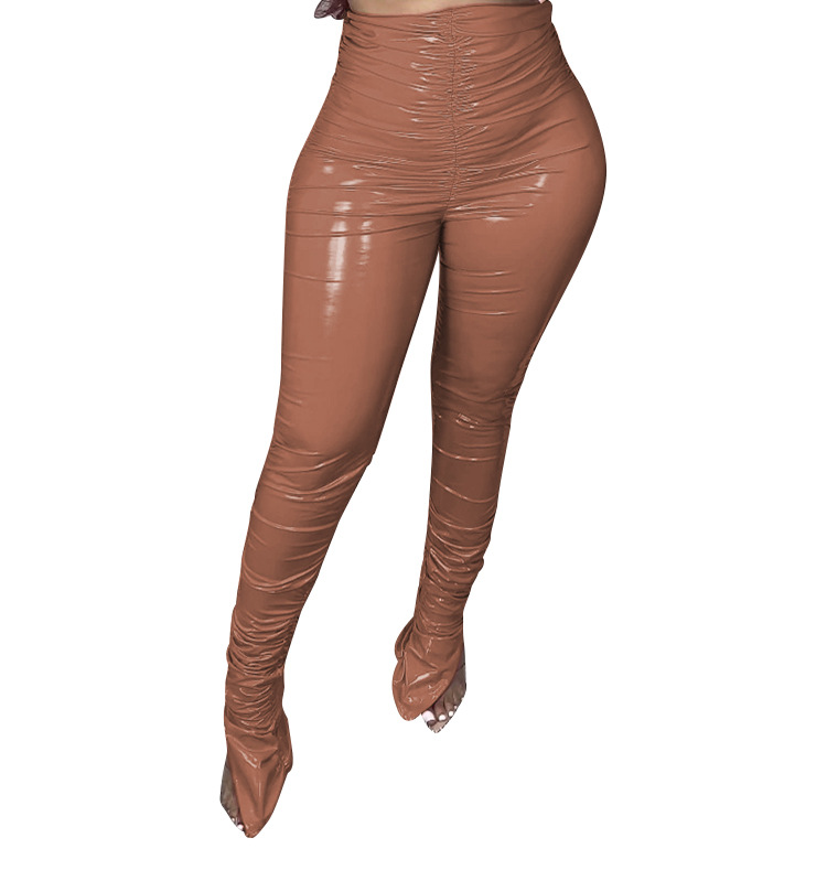 Wrinkled Pile Slits Velvet Glossy Pu Leather Leggings NSFBS112635