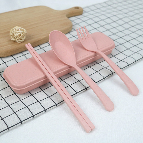 Wheat straw tableware set portable fork, spoon and chopsticks three-piece set fast food takeout tableware small gift l Dingogo