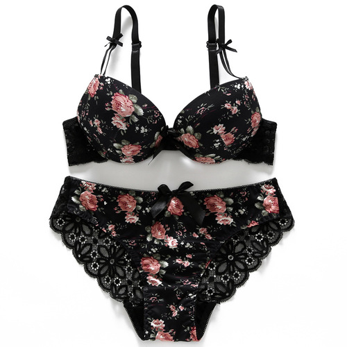 Cross-border foreign trade large cup printed underwear sexy European and American new lace bra set factory direct sales and dropshipping