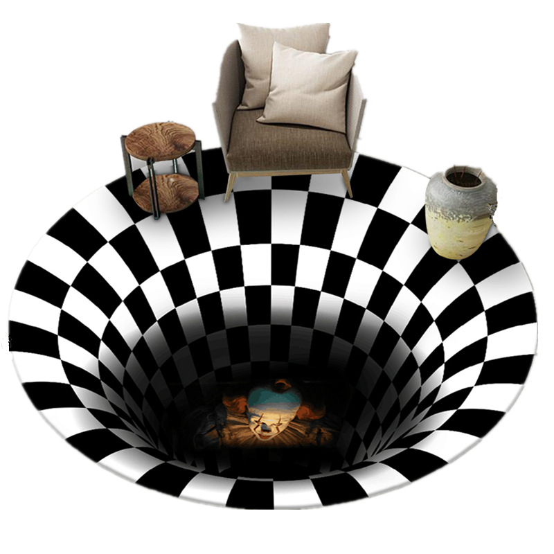 Trampa de payaso alfombra redonda transfronteriza 3D estéreo blanco y negro geométrico ilusión visual alfombra sala de estar dormitorio mesa de café estera