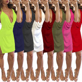 现货 2021跨境欧美女装夏季吊带低胸露背连衣裙V领纯色不规则短裙
