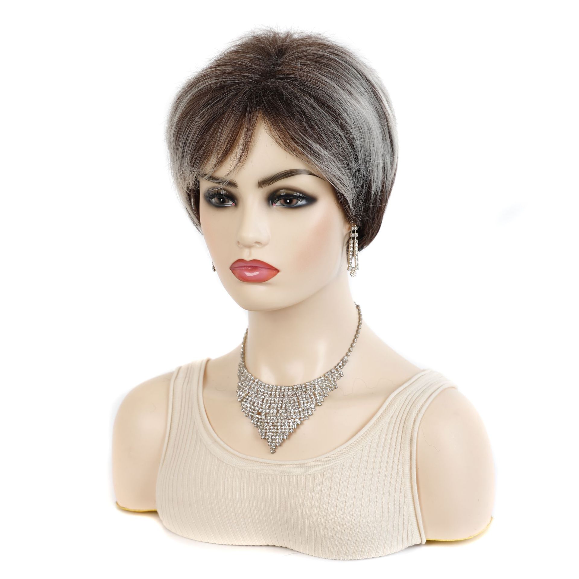 Source of wigs for export: Red brown short hair wig with oblique bangs Brown and white short wig headgear_voghion.com