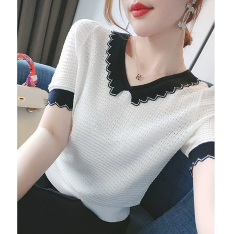 Гонконг Райс [Хорошее качество повторных клиентов] Летний Новый кукольный воротник свитер тонкий топ с коротким рукавом